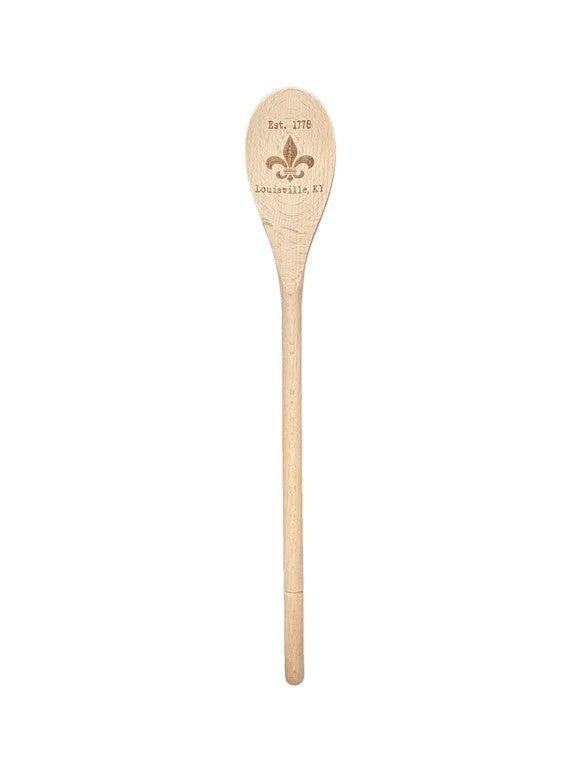 Wooden spoon with a logo and text on a white background