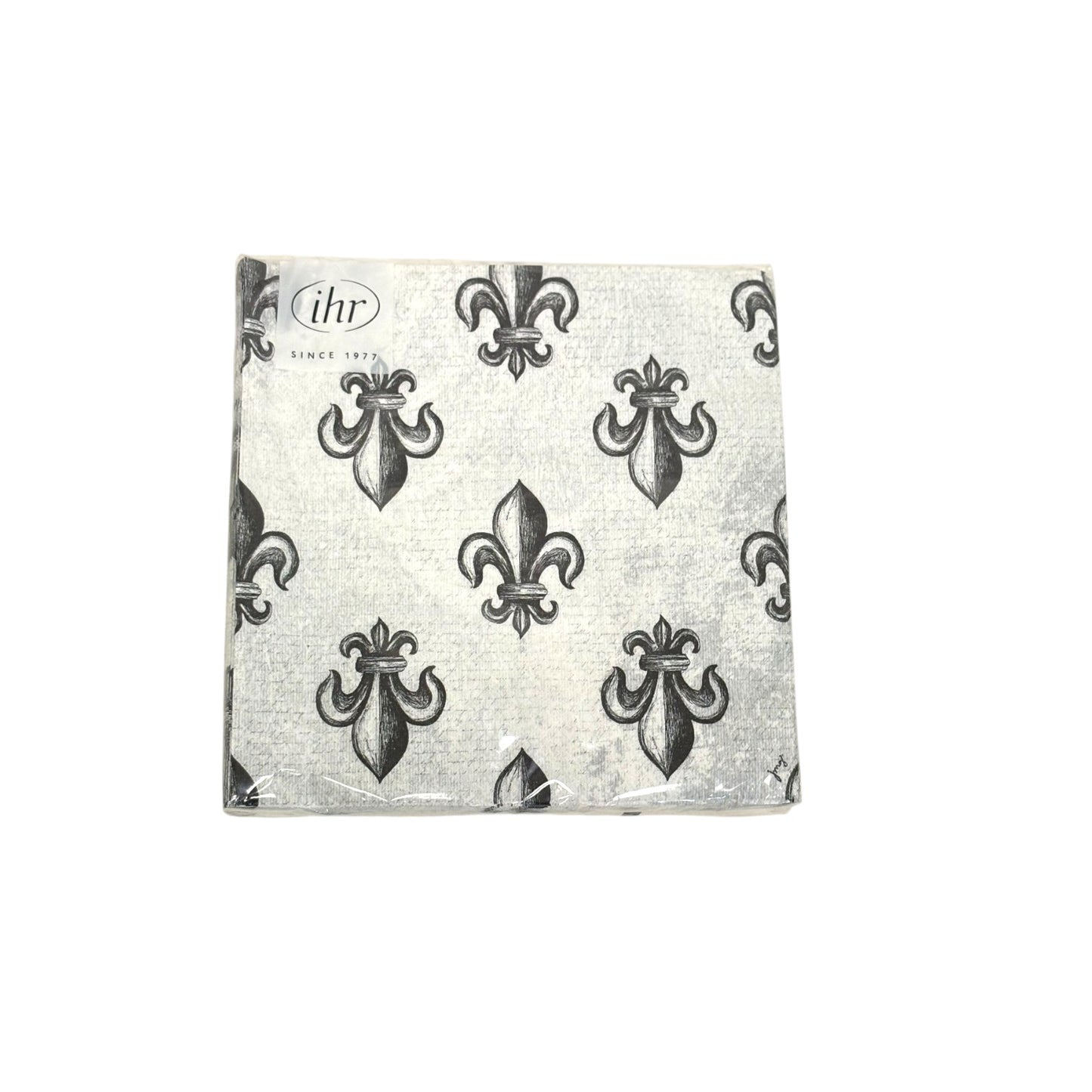A package of Croquis Fleur-de-Lis 3-ply lunch napkins showing the repeating black and white pattern.