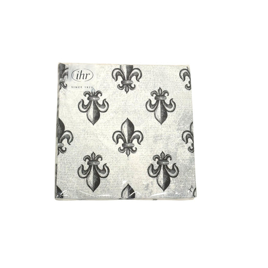 A package of Croquis Fleur-de-Lis 3-ply lunch napkins showing the repeating black and white pattern.