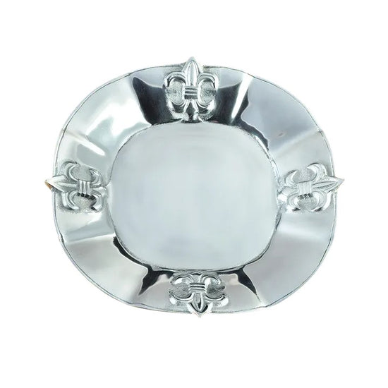 A 12-inch round silver aluminum serving tray with four fleur-de-lis accents on its rim.