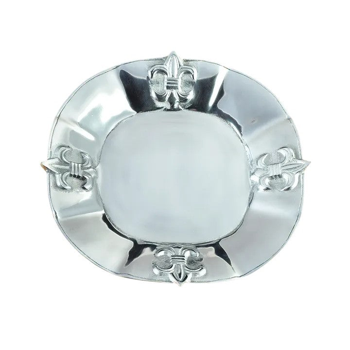 A 12-inch round silver aluminum serving tray with four fleur-de-lis accents on its rim.
