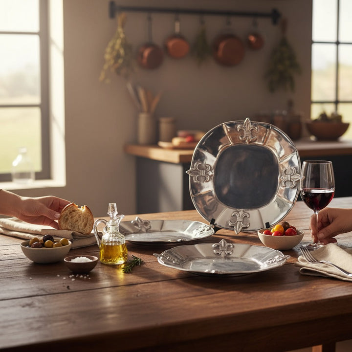 An elegant tablescape featuring the Fleur-de-Lis Round Serving Tray with appetizers and wine glasses.