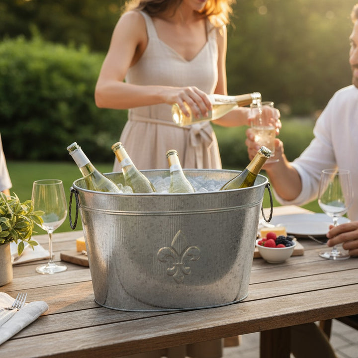 A lifestyle scene of the fleur-de-lis beverage tub filled with ice and wine at an outdoor party.