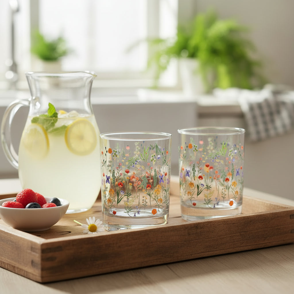 The Boho Flowers Double Old Fashioned glass filled with a refreshing beverage and garnished with fruit, sitting on a wooden coaster.