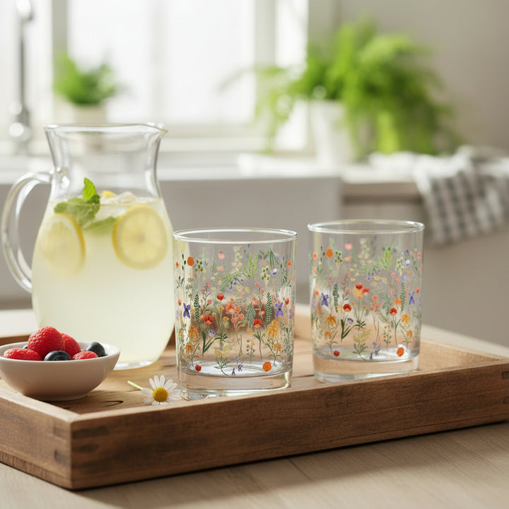 The Boho Flowers Double Old Fashioned glass filled with a refreshing beverage and garnished with fruit, sitting on a wooden coaster.