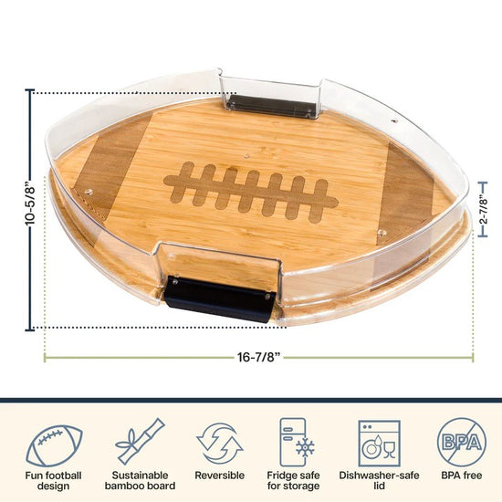 Wooden football-shaped cutting board with dimensions and features listed below.