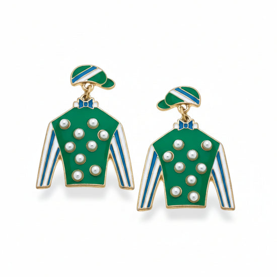 A pair of Freckles Jockey Silk Enamel Drop Earrings featuring green and blue enamel with shiny gold plating.