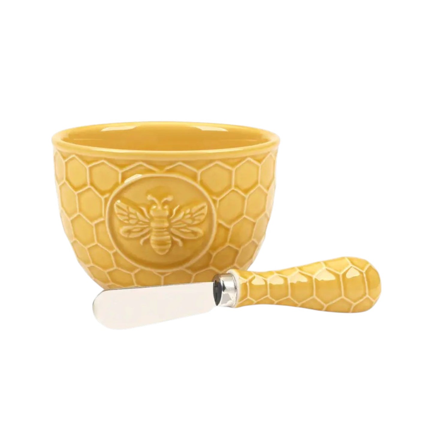  The complete dip bowl and spreader set displayed on a bright white background, highlighting the bee and honeycomb details.