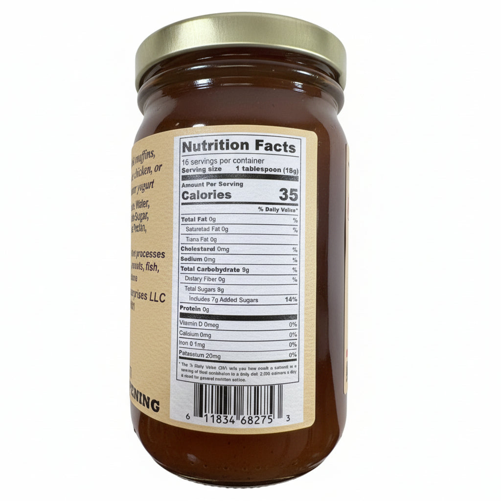 Nutritional facts and ingredients label for Friends Drift Inn Apple Pie Jelly.
