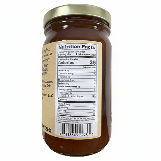 Nutritional facts and ingredients label for Friends Drift Inn Apple Pie Jelly.