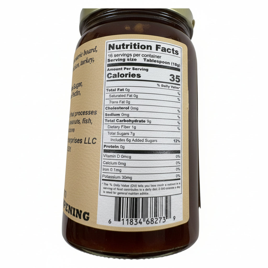 Nutritional facts and ingredients label for Friends Drift Inn Raspberry Jalapeno Jam.