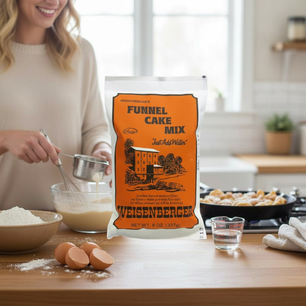 Funnel cake batter being drizzled from a measuring cup into hot oil.