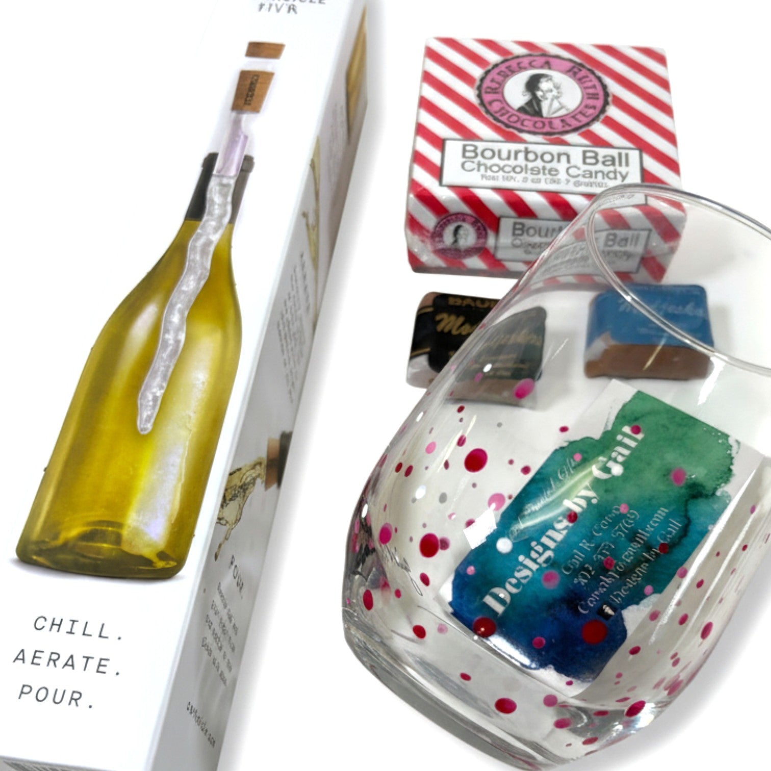 A detail shot of the handcrafted stemless wine glass by local artist Gail Corso.