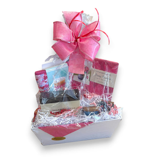  The Galentine's Gift Basket featuring a pink Swig Coolie, 3D card, and chocolates in a festive arrangement.