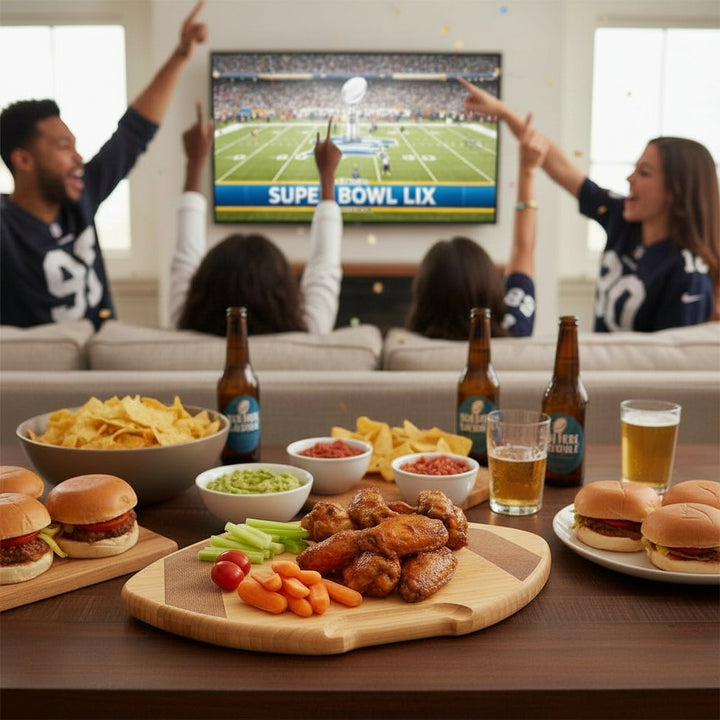 A festive game day spread on a coffee table featuring the football charcuterie board loaded with wings and veggies.
