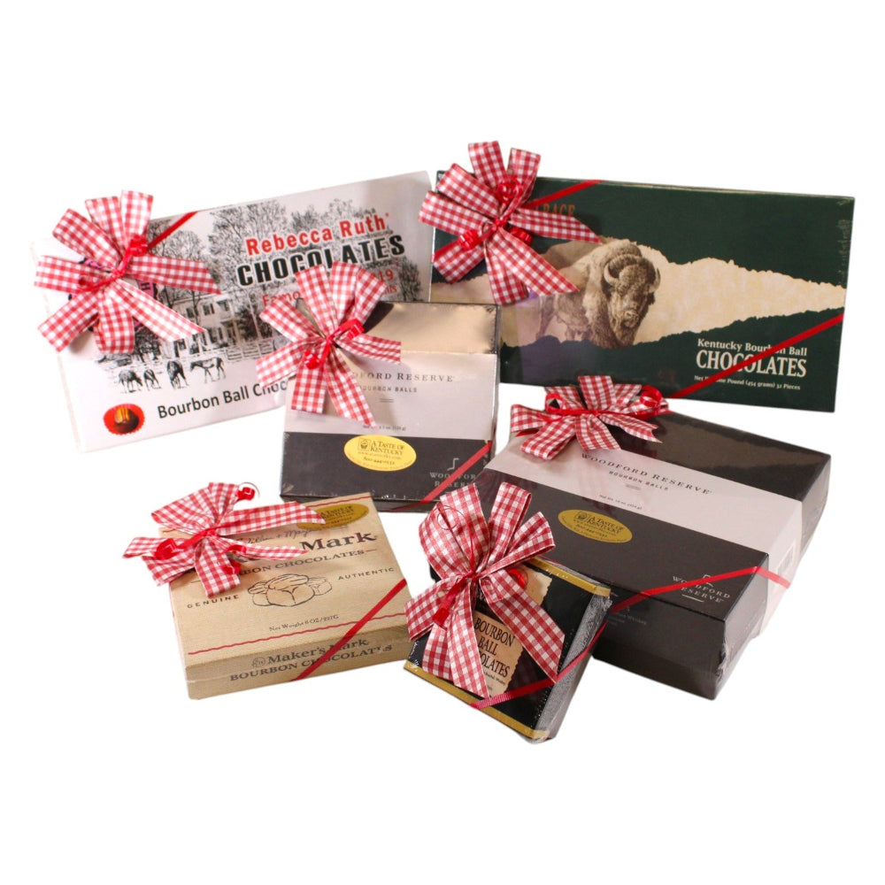 Collection of chocolate boxes with red checkered ribbons on a white background