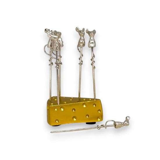 The full set of six gilded mouse cheese picks standing in their decorative base, showcasing their charming design.
