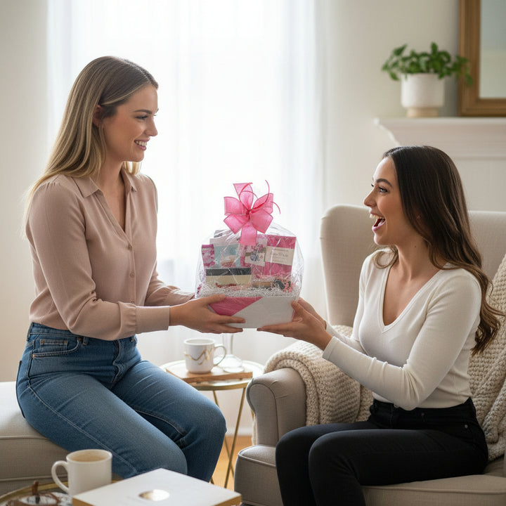 A fun lifestyle shot of friends sharing the Galentine's basket treats and admiring the pop-up card.