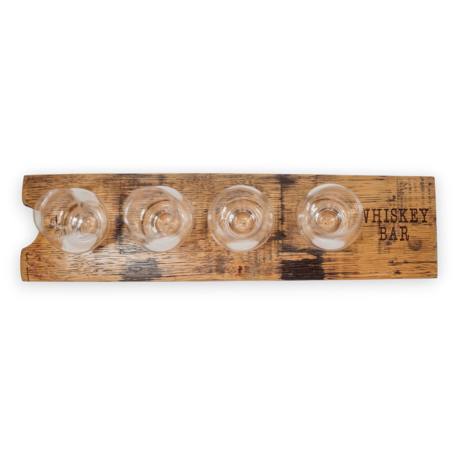 Glencairn Flight Tray 4 Glass handcrafted from a reclaimed Kentucky whiskey barrel stave with four Official Glencairn tasting glasses.