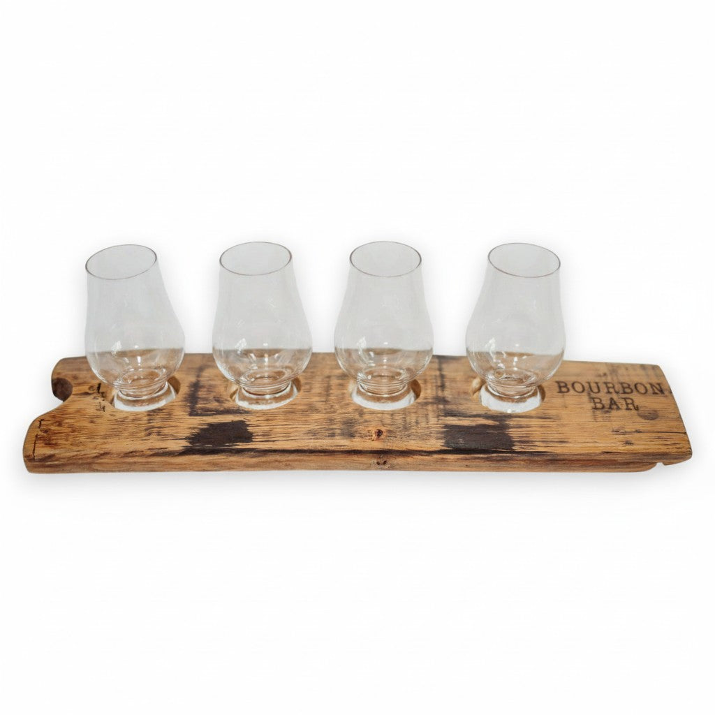 Glencairn Flight Tray with Bourbon Bar end engraving on a reclaimed Kentucky barrel stave.