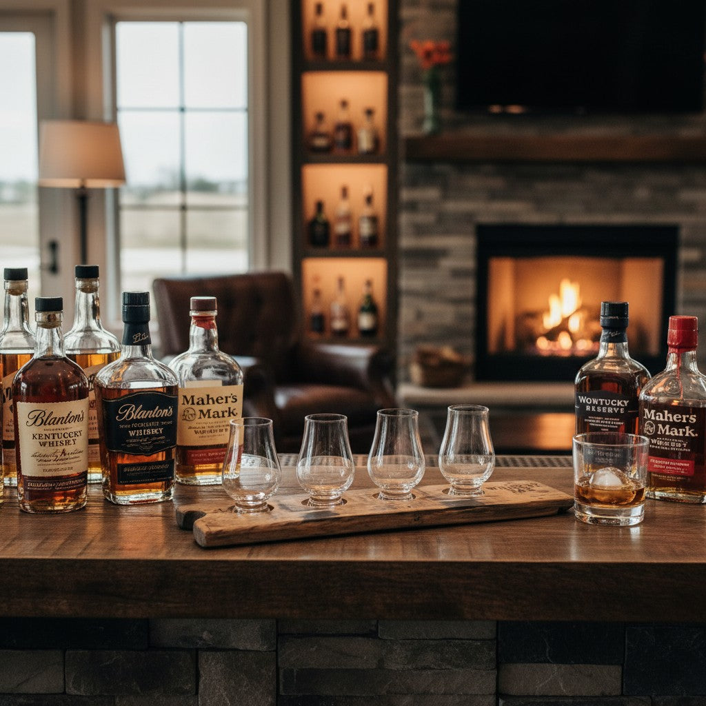 Glencairn Flight Tray displayed on a rustic home bar with Kentucky whiskey and glassware.