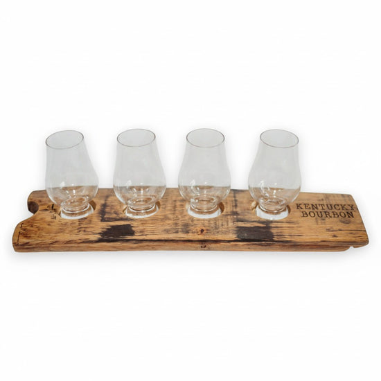 Glencairn Flight Tray featuring Kentucky Bourbon end engraving on authentic barrel stave wood.
