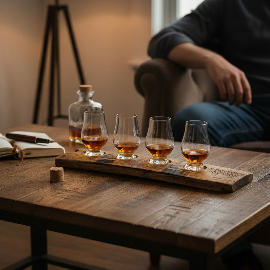 Glencairn Flight Tray displayed on a rustic home bar with Kentucky whiskey and glassware.