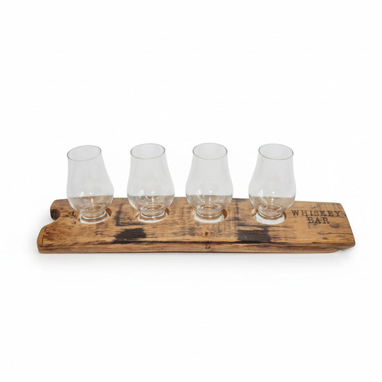 Glencairn Flight Tray with Whiskey Bar laser-etched engraving at the end of the barrel stave.