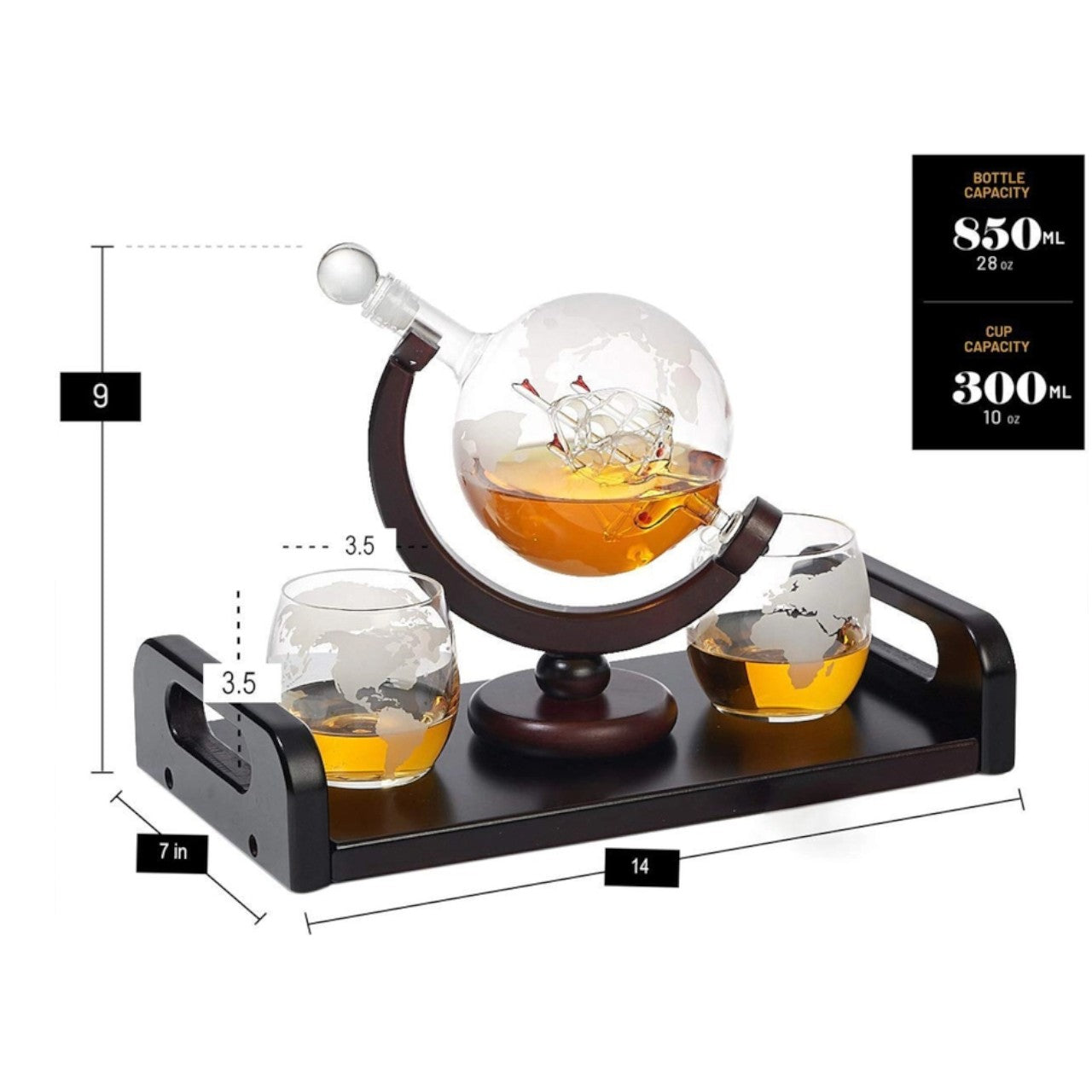 Two clear whiskey tumblers with frosted world map etching, sitting on a dark wooden tray