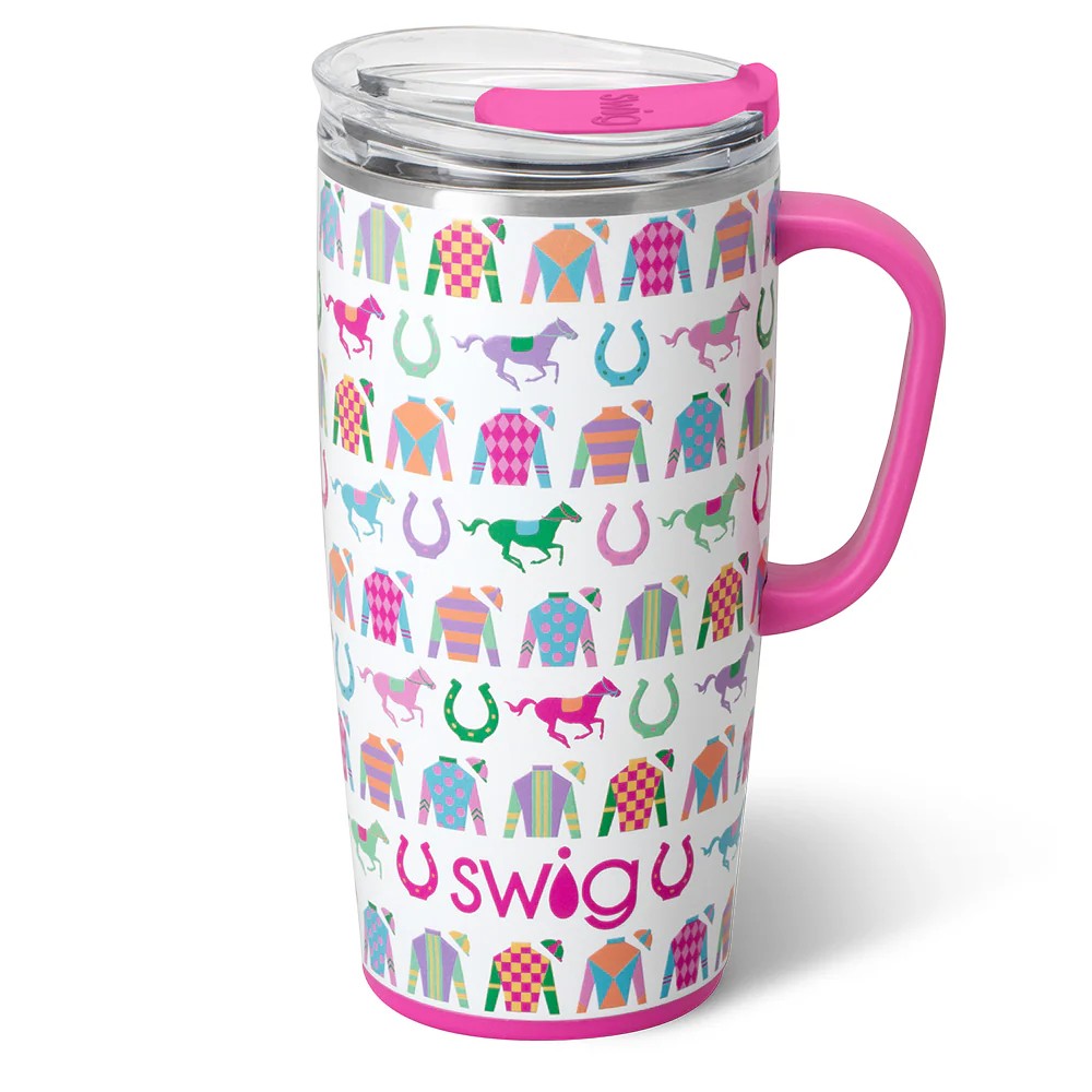 Travel mug with colorful horse-themed design and pink handle on a white background