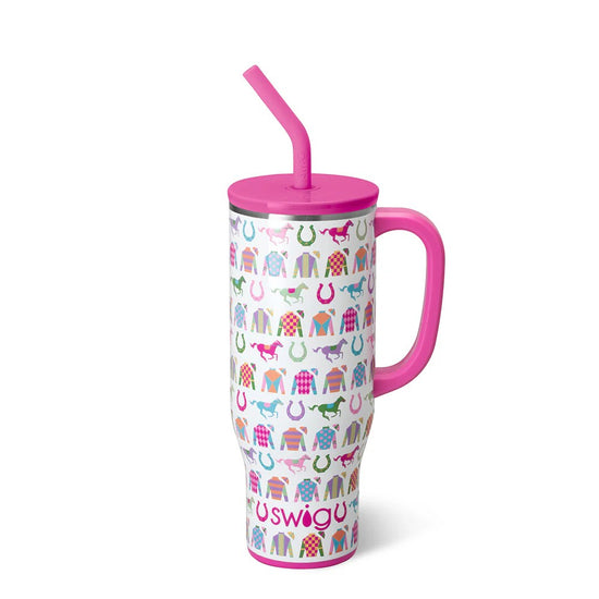 Pink Derby tumbler with colorful patterns and 'swig' branding on a white background