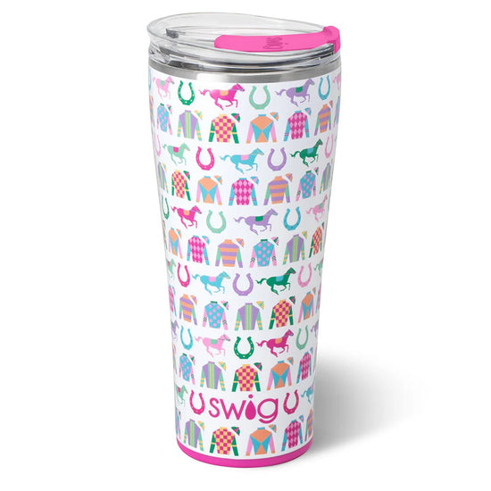 Tumbler with colorful horse-themed design and 'swig' branding on a white background