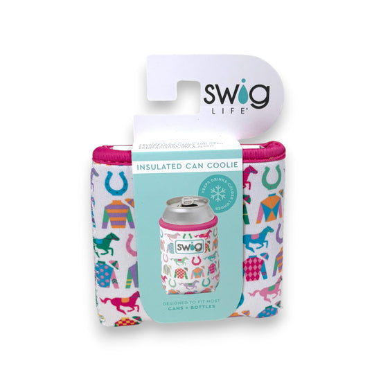 Swig Life insulated can cooler with colorful horse design on a white background