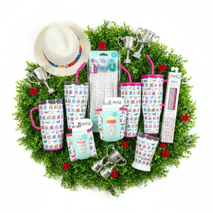 A complete group shot of the Go Baby Go Swig Life collection featuring colorful horse patterns on white backgrounds.