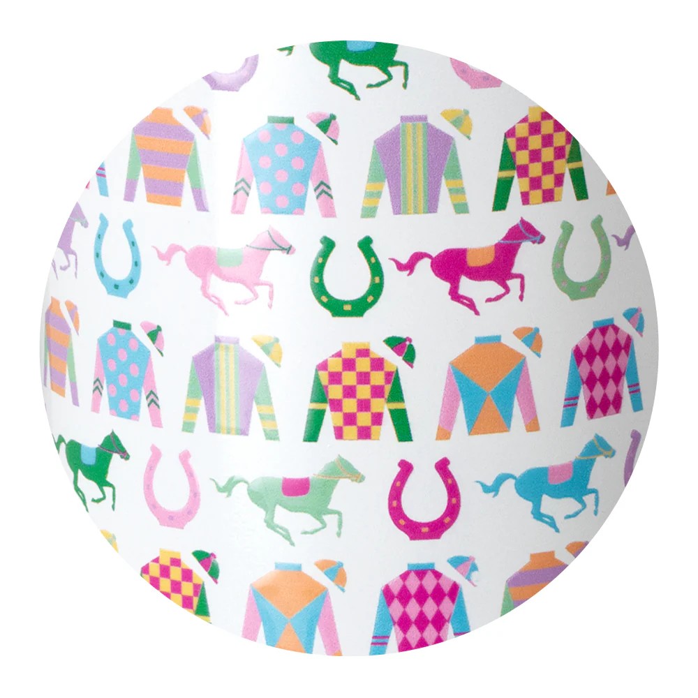 Go Baby Go Swig Life collection Colorful pattern of horse racing-themed designs on a white background