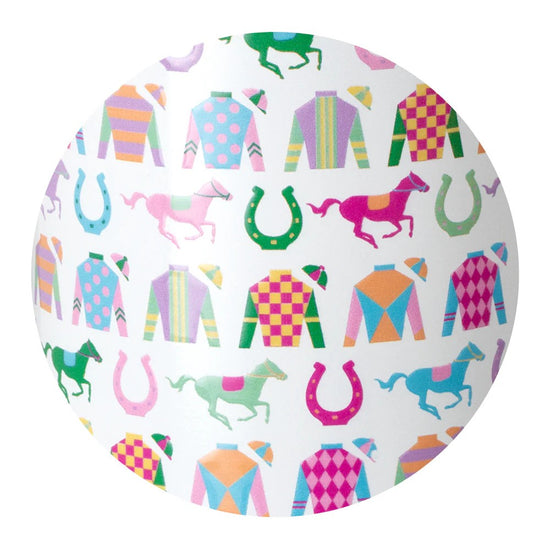 Go Baby Go Swig Life collection Colorful pattern of horse racing-themed designs on a white background