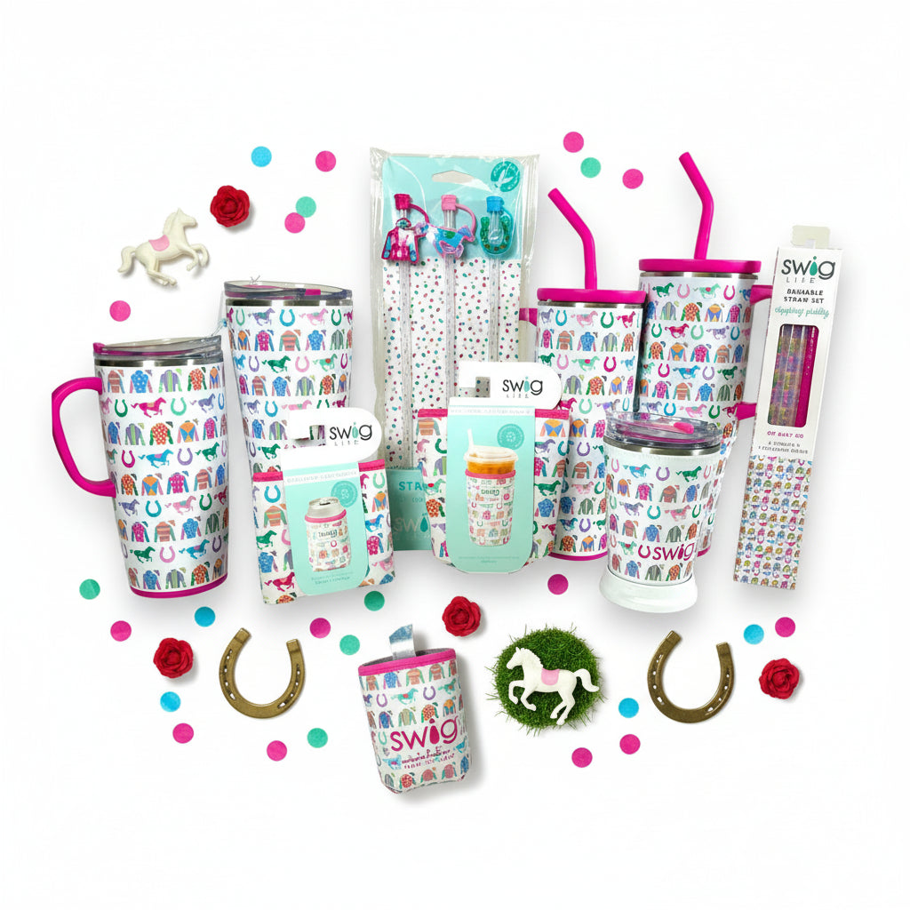 Collection of Swig tumblers and accessories with horse and equestrian designs on a white background.