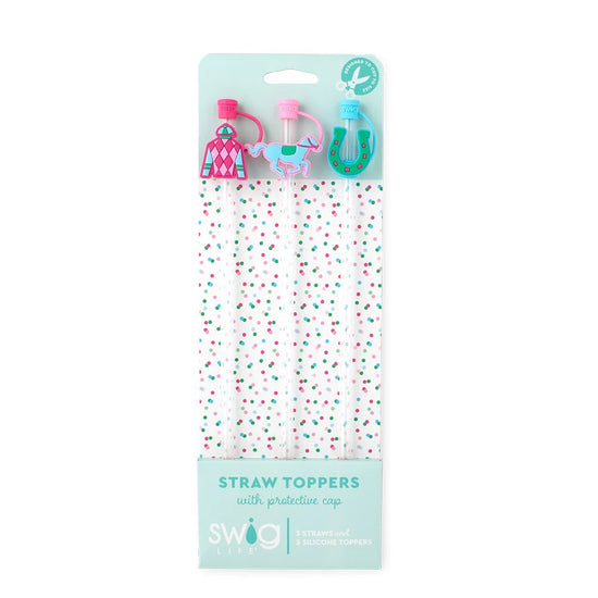 Packaged straw toppers with protective caps on a white background