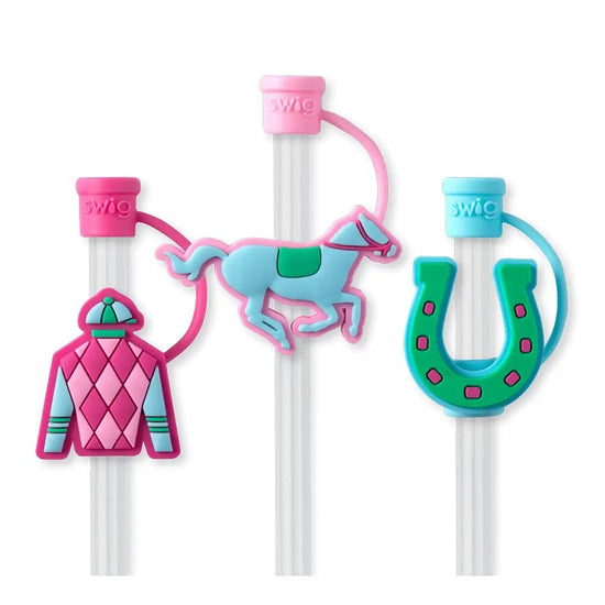 Colorful straw tips with horse and jockey design on a white background