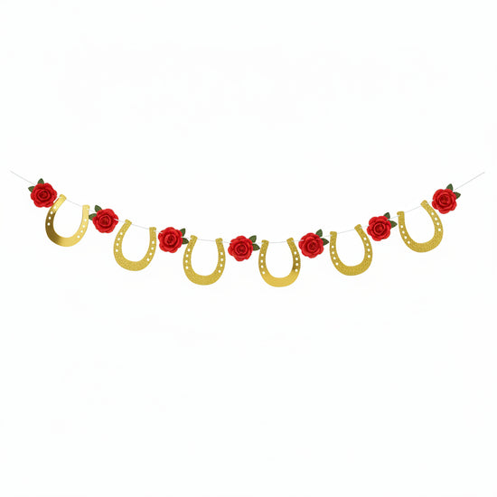 Gold Foil Horse Racing Streamer featuring horseshoes and roses, perfect for Derby-themed decorations.