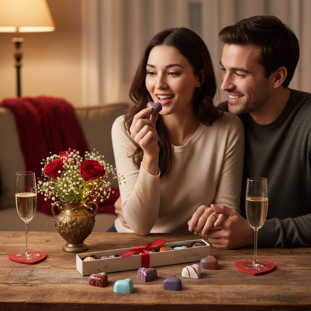 Couple enjoying chocolates and champagne in a cozy setting