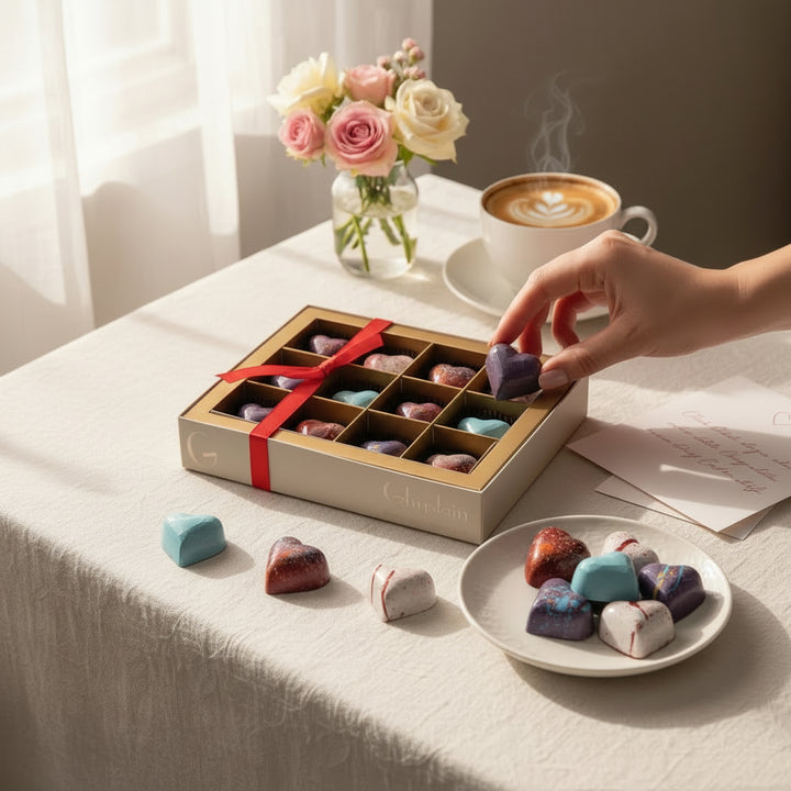 A close-up view of the intricate hand-painted designs on the heart-shaped and spherical chocolate shells.
