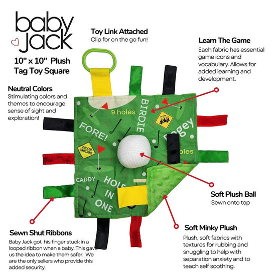Baby Jack plush tag toy square with text describing features and benefits
