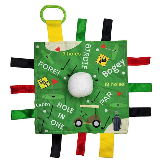 Learning Lovey Crinkle Tag Square Toy with golf-themed fabric tags and a white ball on a green background
