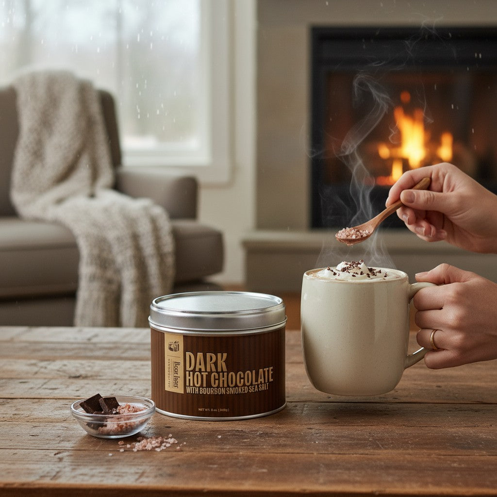 A lifestyle scene showing a mug of hot chocolate next to the Bourbon Barrel Foods tin by a cozy fireplace.