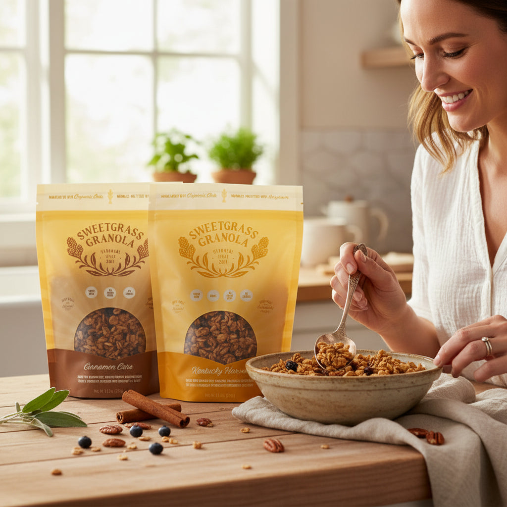 Woman enjoying a bowl of granola with Sweetgrass Granola packages on a wooden table.