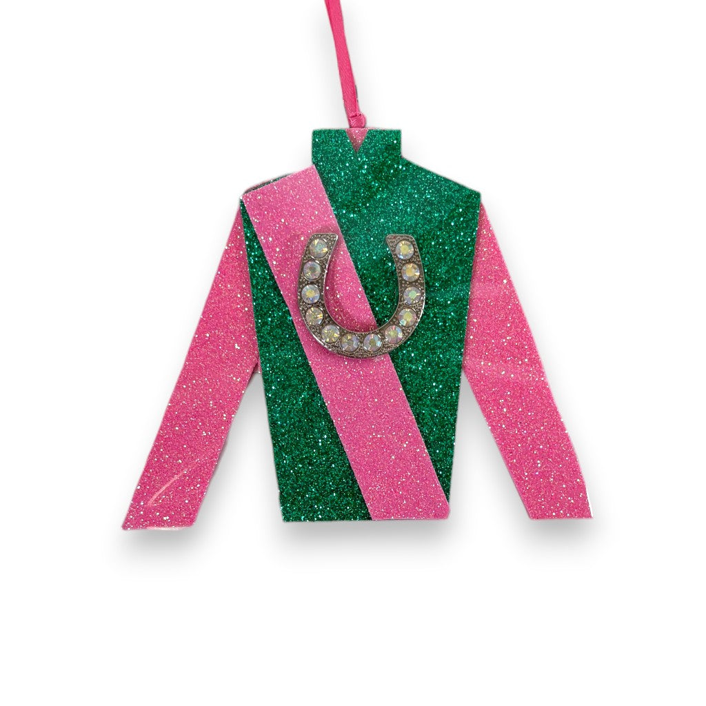 A festive jockey silk ornament featuring alternating green and pink horizontal stripes.