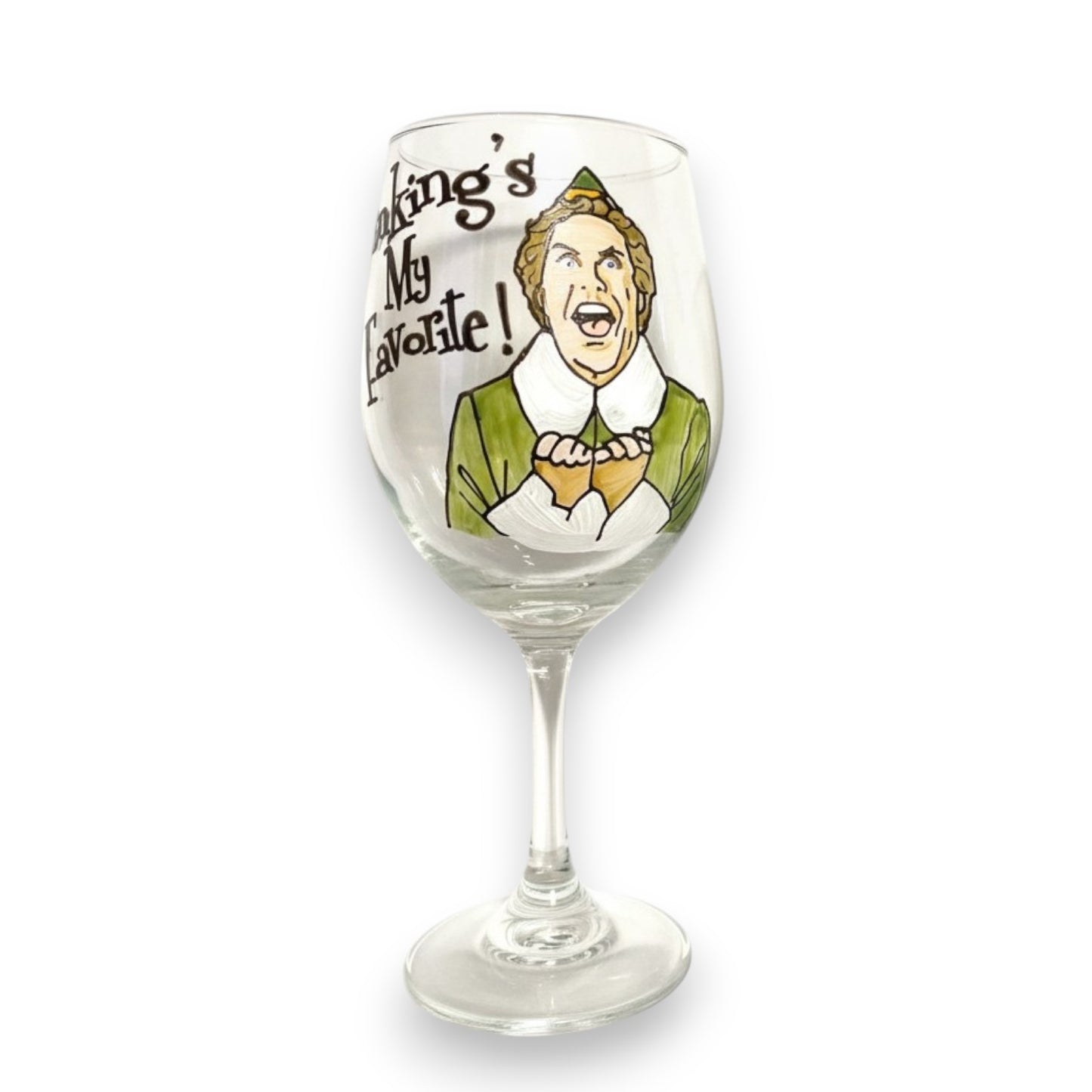 A stemmed wine glass featuring a hand-painted design of Buddy the Elf.