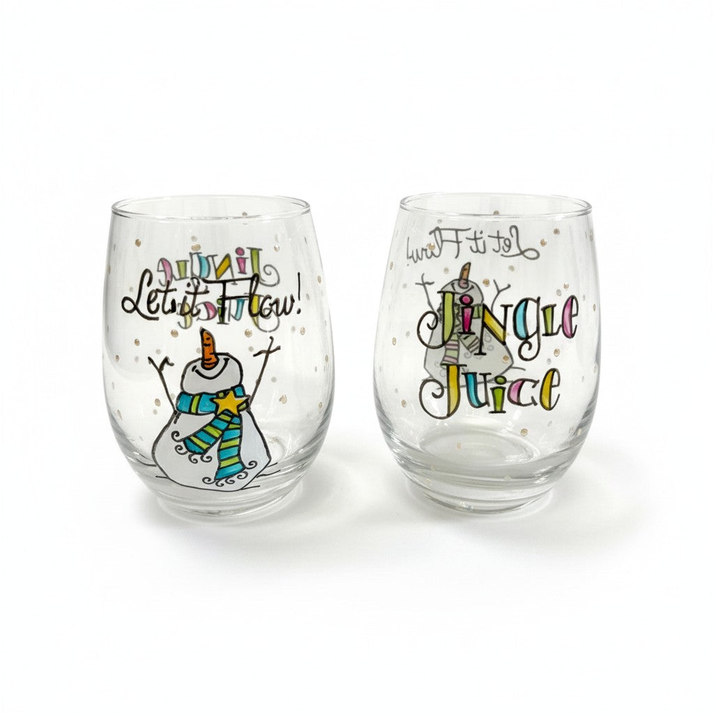 A pair of hand-painted stemless wine glasses showing the snowman and "Jingle Juice" designs.