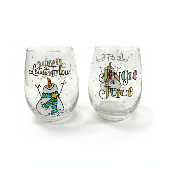 A pair of hand-painted stemless wine glasses showing the snowman and "Jingle Juice" designs.